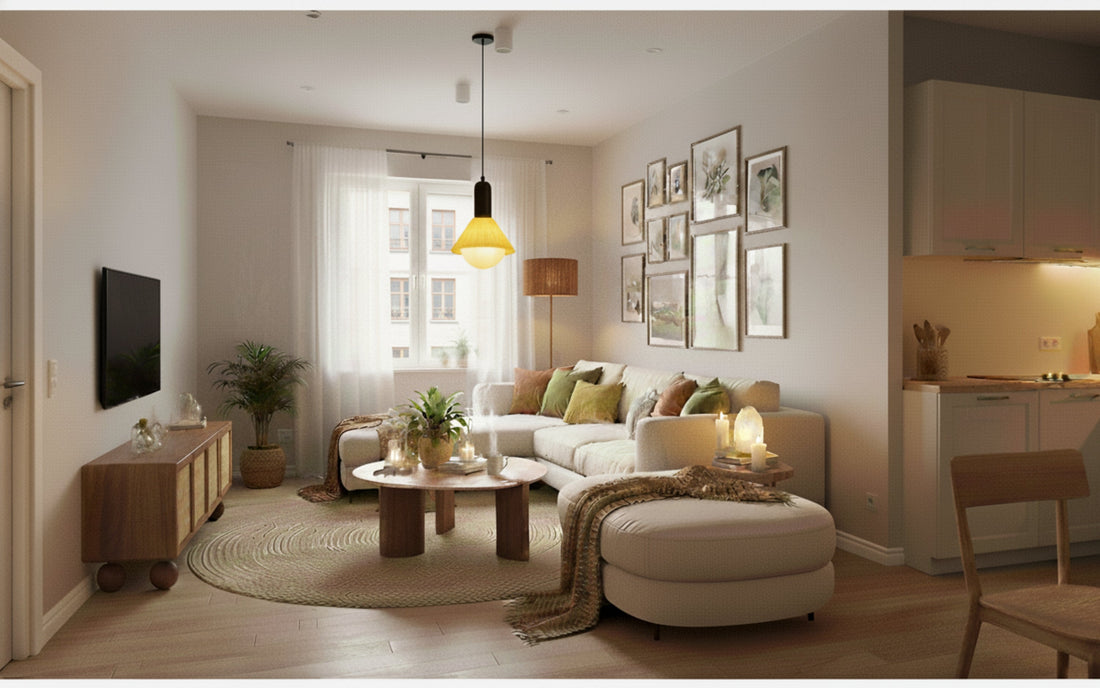 arm apartment living room decorated with modern furniture, neutral tones, and layered lighting.