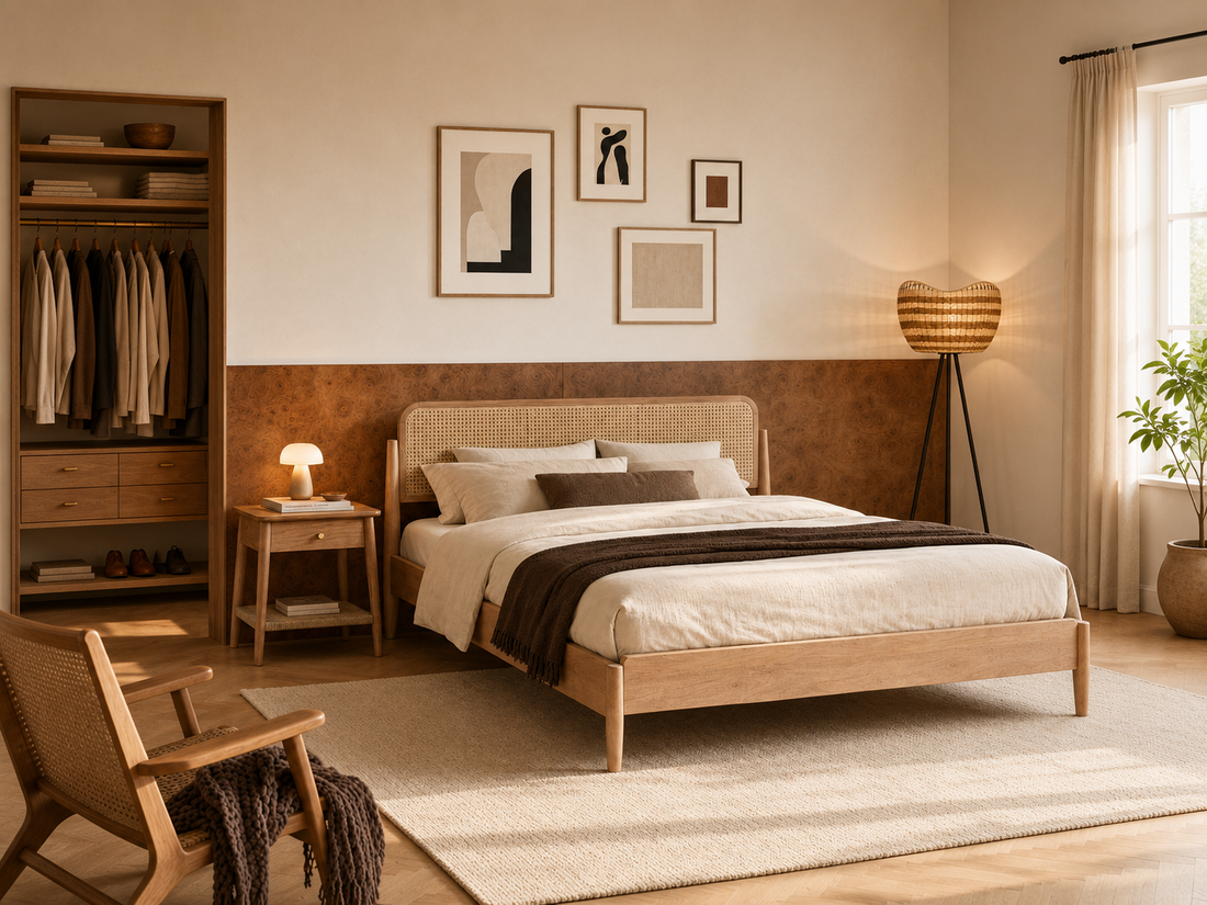  Platform bed with cane headboard, one of many types of beds