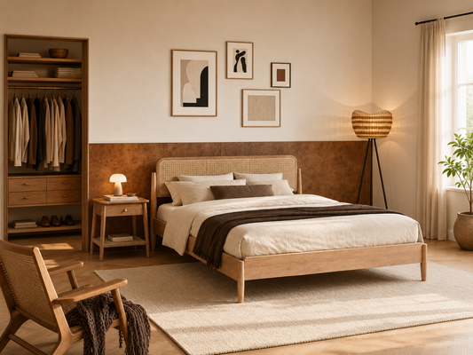  Platform bed with cane headboard, one of many types of beds