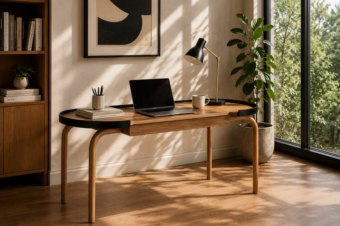 Wooden study table with laptop showing standard study table dimensions for home office