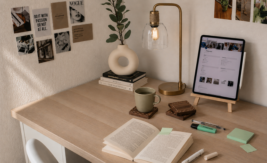 Inspiration on how to decorate office desk surfaces with an open book, a tablet on a stand, a brass lamp, a donut vase, and wooden coasters.