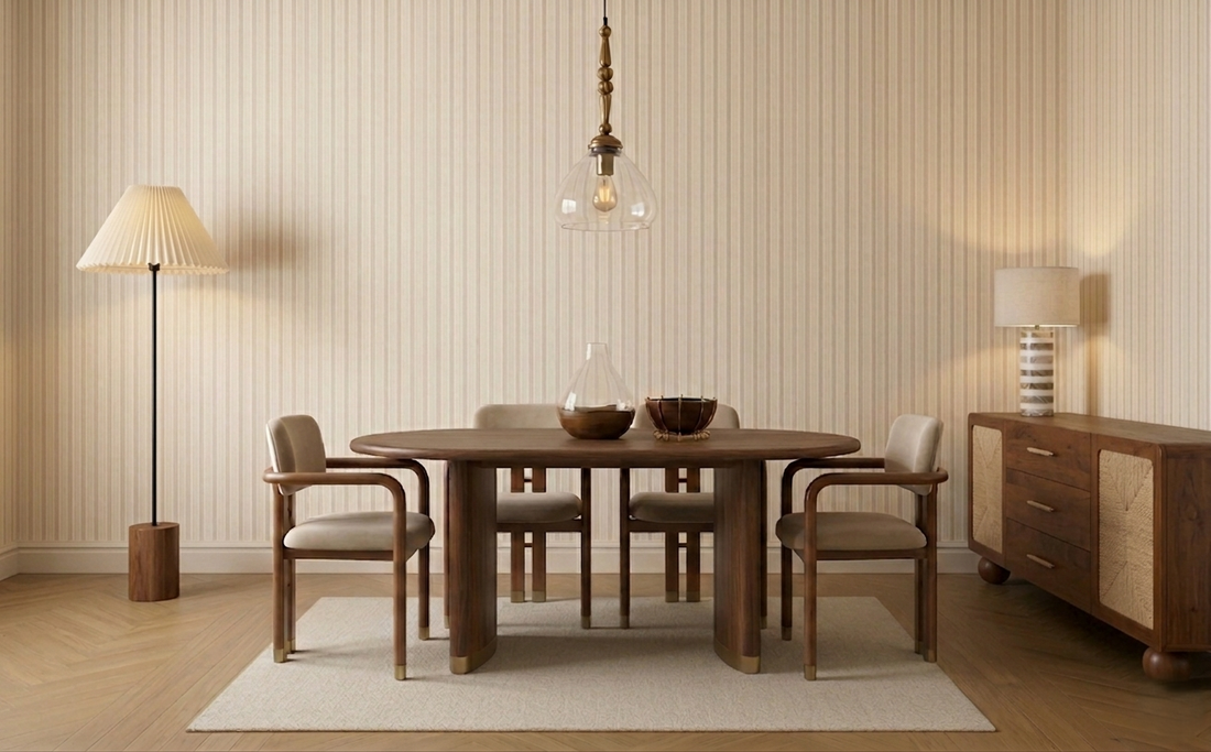 Mid-century dining set with lighting, offering elegant housewarming gift ideas.
