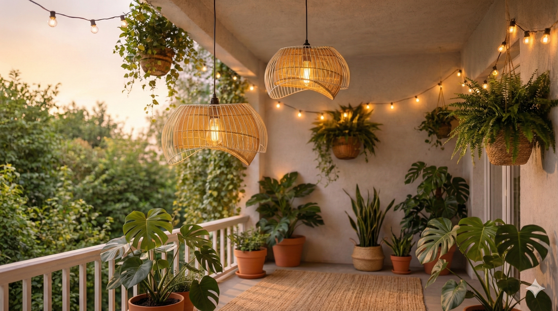Cozy balcony at sunset with wicker pendant lights, string lights, and lush potted plants.