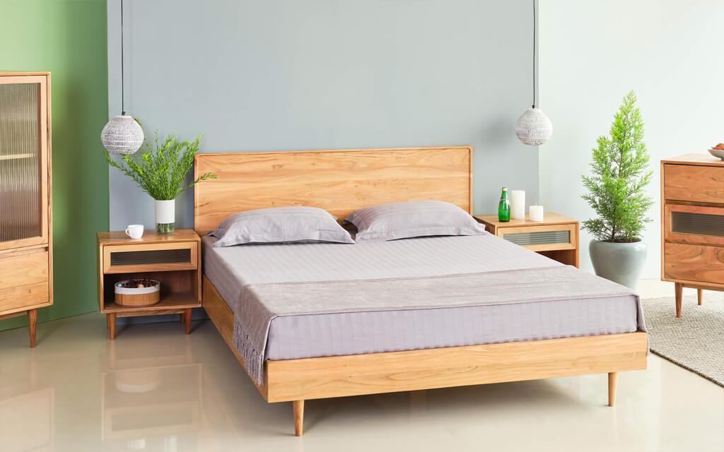 Solid Wood Bed Design With Side Table - Orange Tree Home Pvt. Ltd.