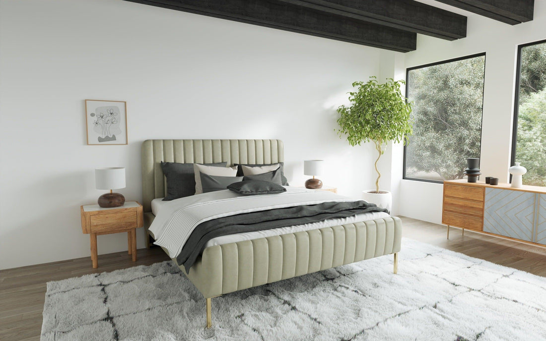 modern small bedroom design with upholstered bed and minimalist decor