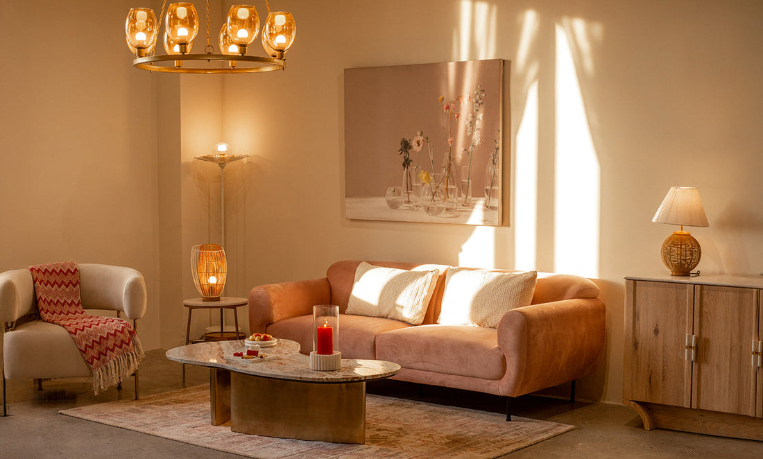 Modern living room interior design with sofa set and warm lighting