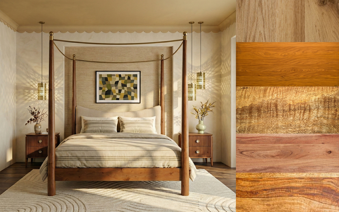 Wooden bed with natural finish showcasing types of wood for furniture in India