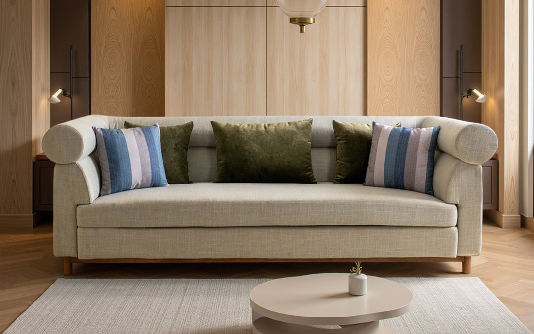 Beige fabric sofa with throw cushions in a modern living room.