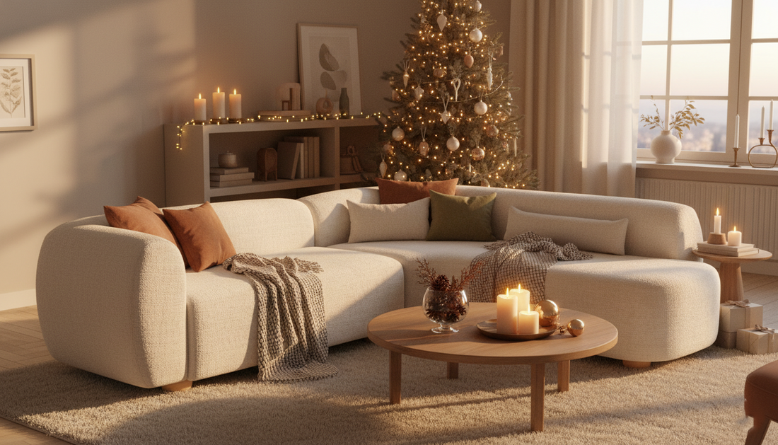 Living room Christmas decor ideas with sofa and tree