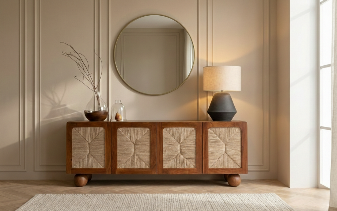 Elegant wooden sideboard with textured cabinet doors, round wall mirror, table lamp, and decorative vases in a softly lit, modern interior space.