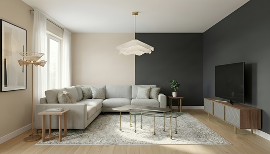 Modern living room with grey sofa, neutral and dark accent two-colour walls, coffee table, and TV unit.