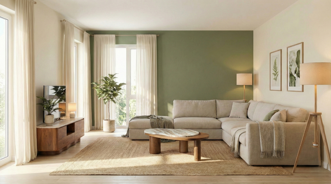 Living room with an olive green accent wall, one of the best colour combinations for home.