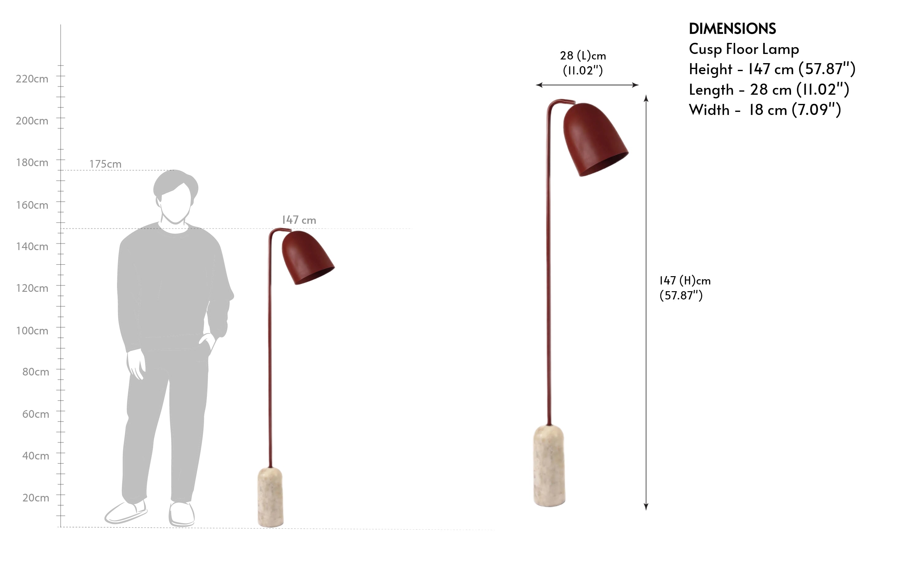 Cusp Arc Floor Lamp | Red Finish - Close shot - from right angle - Orange Tree