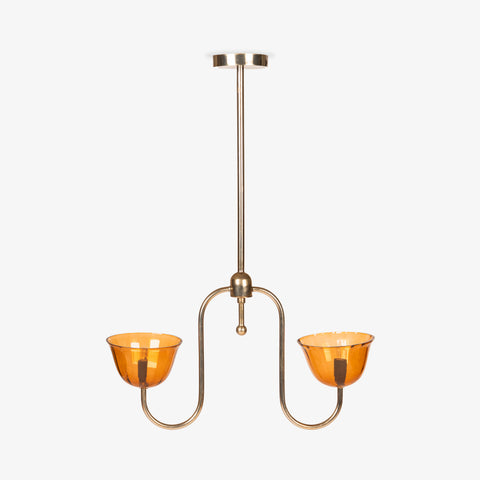 Studio shot of the two-light brass pendant chandelier on a white background.