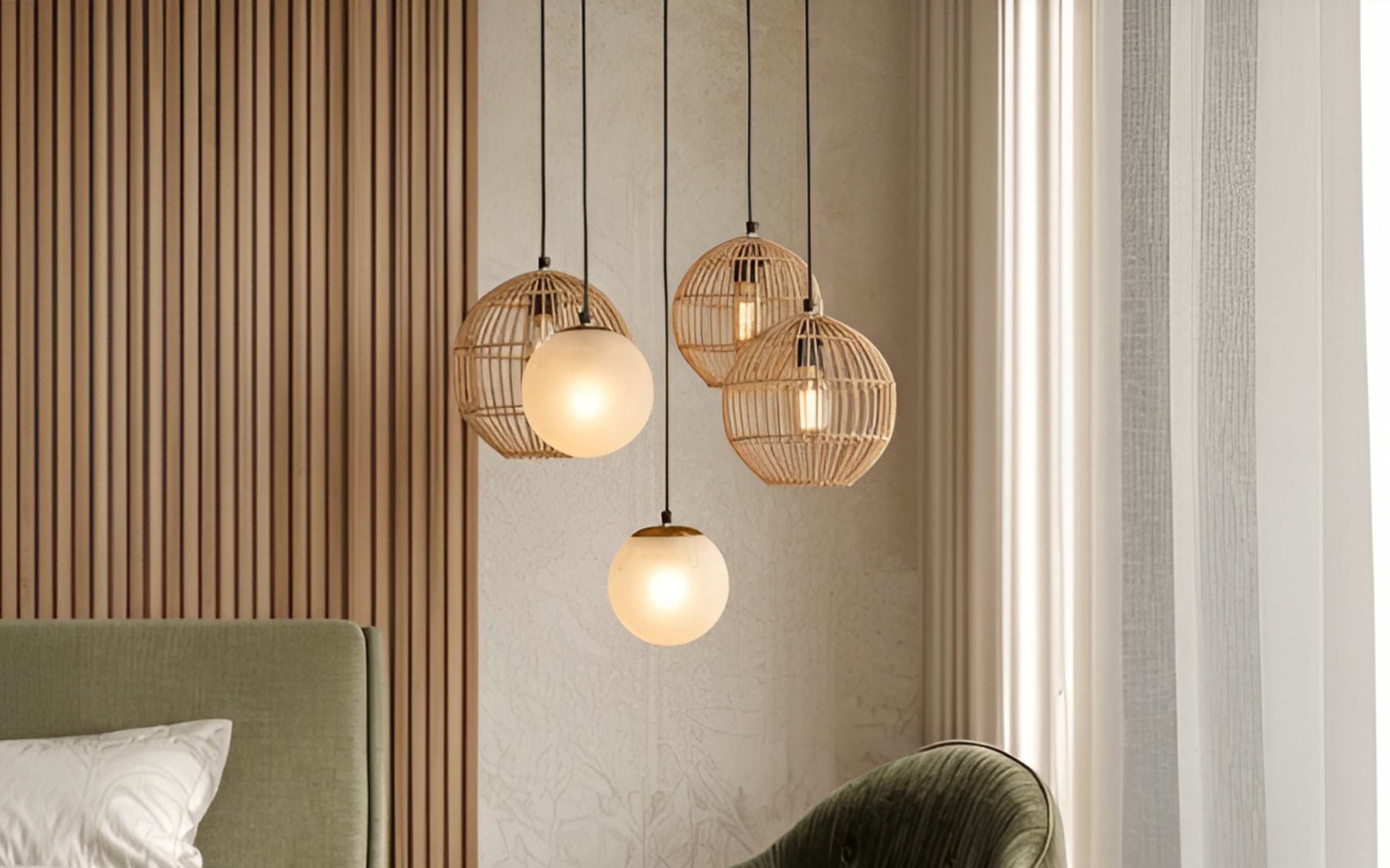 Buy Nymph 5 Cluster Round Hanging Lights | Cane & Mild Steel - Close shot - Orange Tree