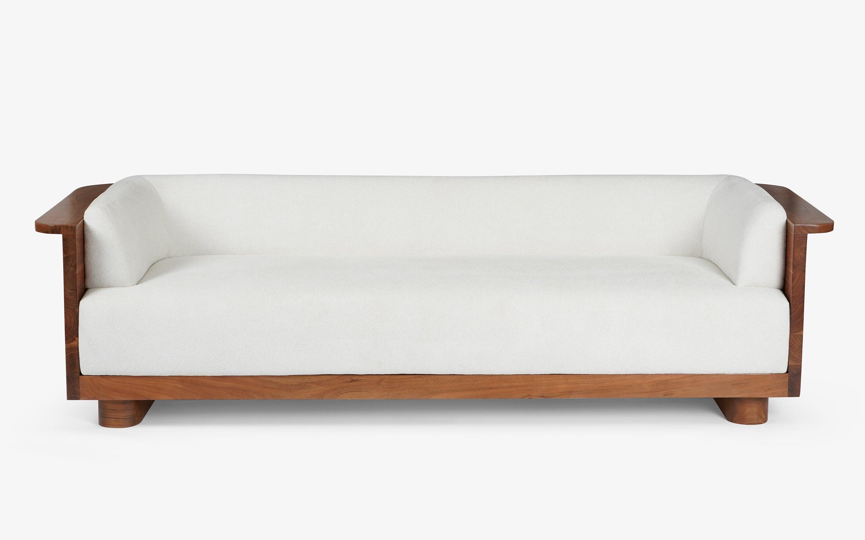Douglas 3-Seater White Sofa with Solid Wood Base - Close shot - from left angle - Orange Tree