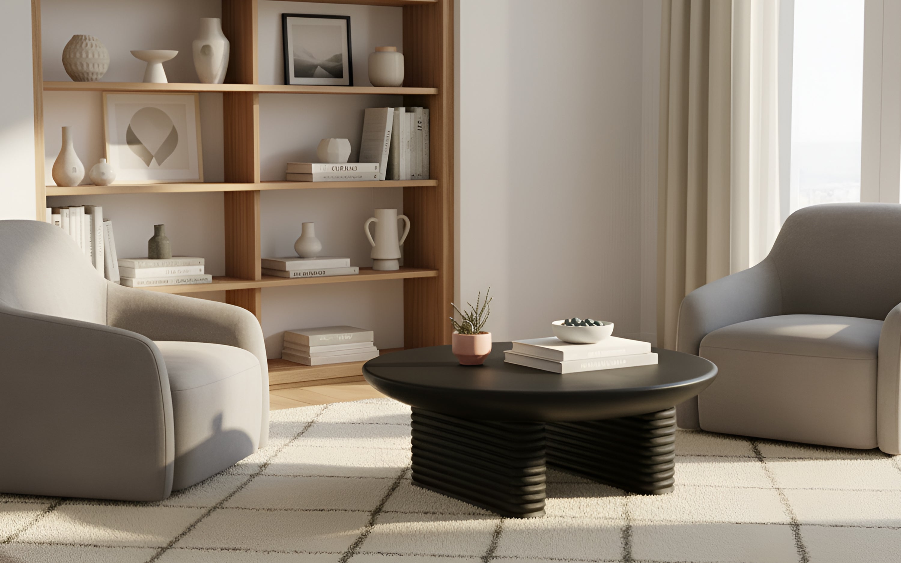 Ribbed Round Wooden Coffee Table in black finish. - Orange Tree