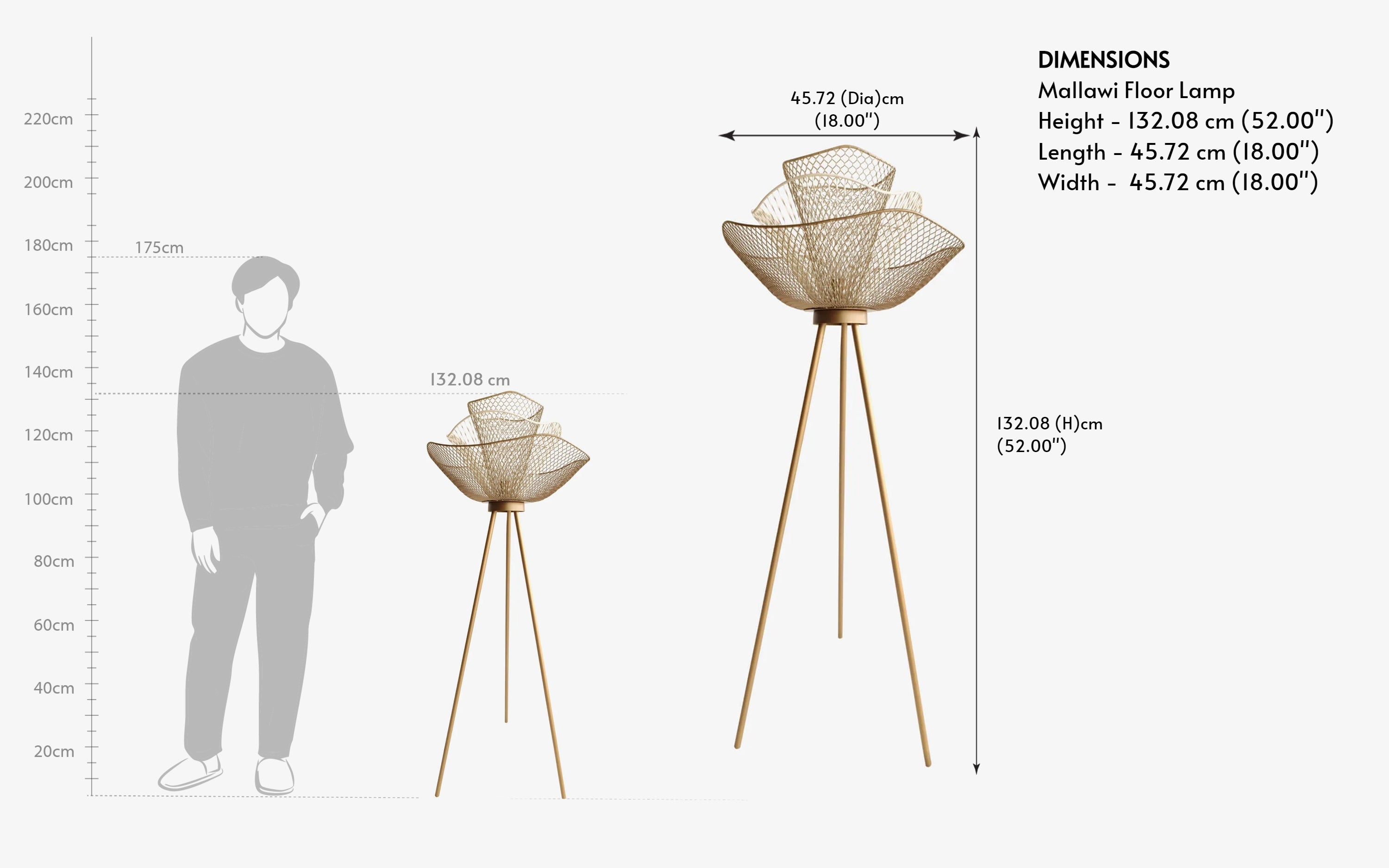 Mallawi Metal Tripod Floor Lamp | Gold - Close shot - from right angle - Orange Tree