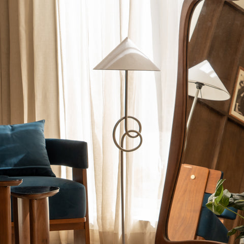 Side view of modern geometric floor lamp in living room