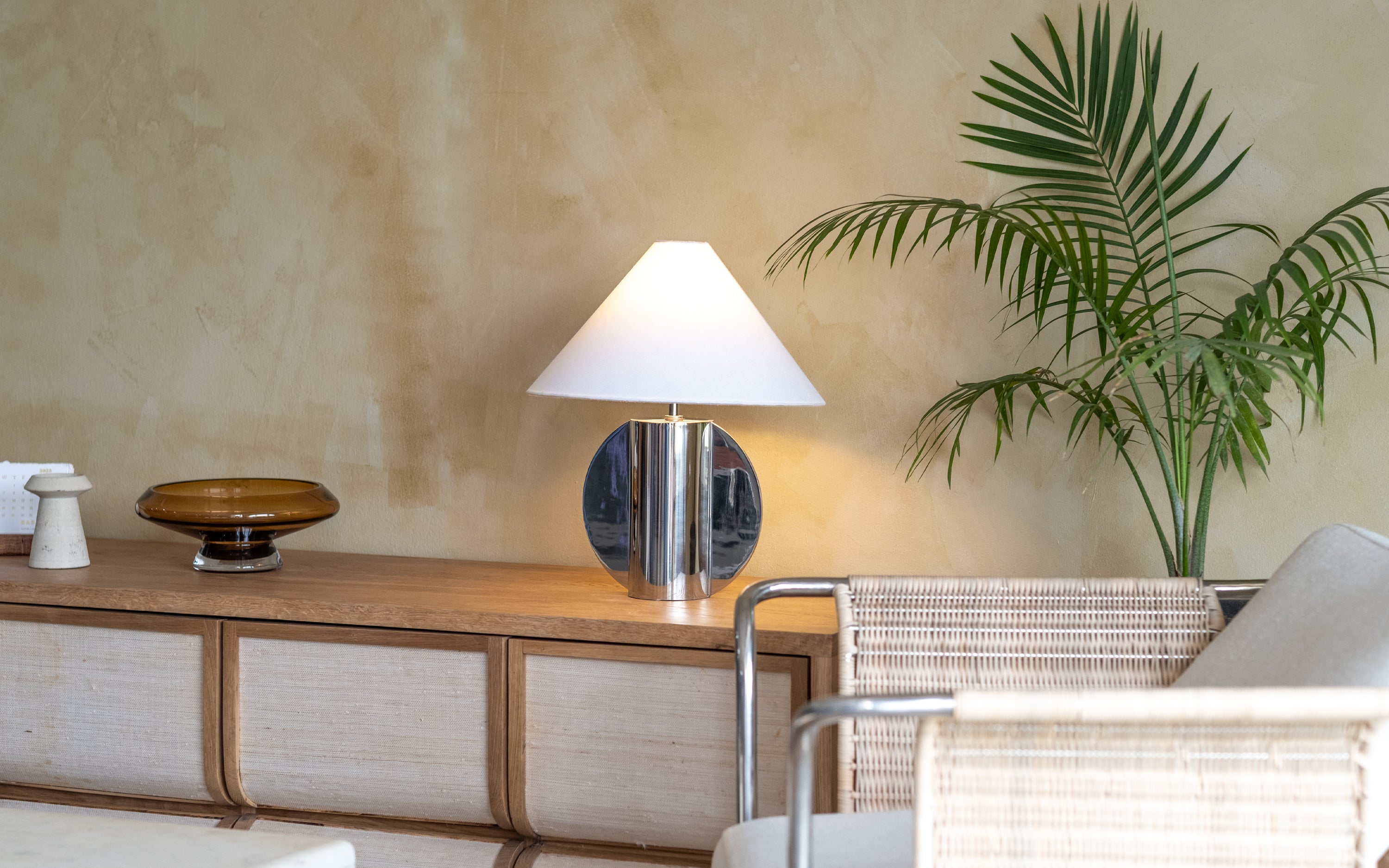 Helia Arc Table Lamp | Metal base with White Cotton Shade - Close shot - from left angle - Orange Tree