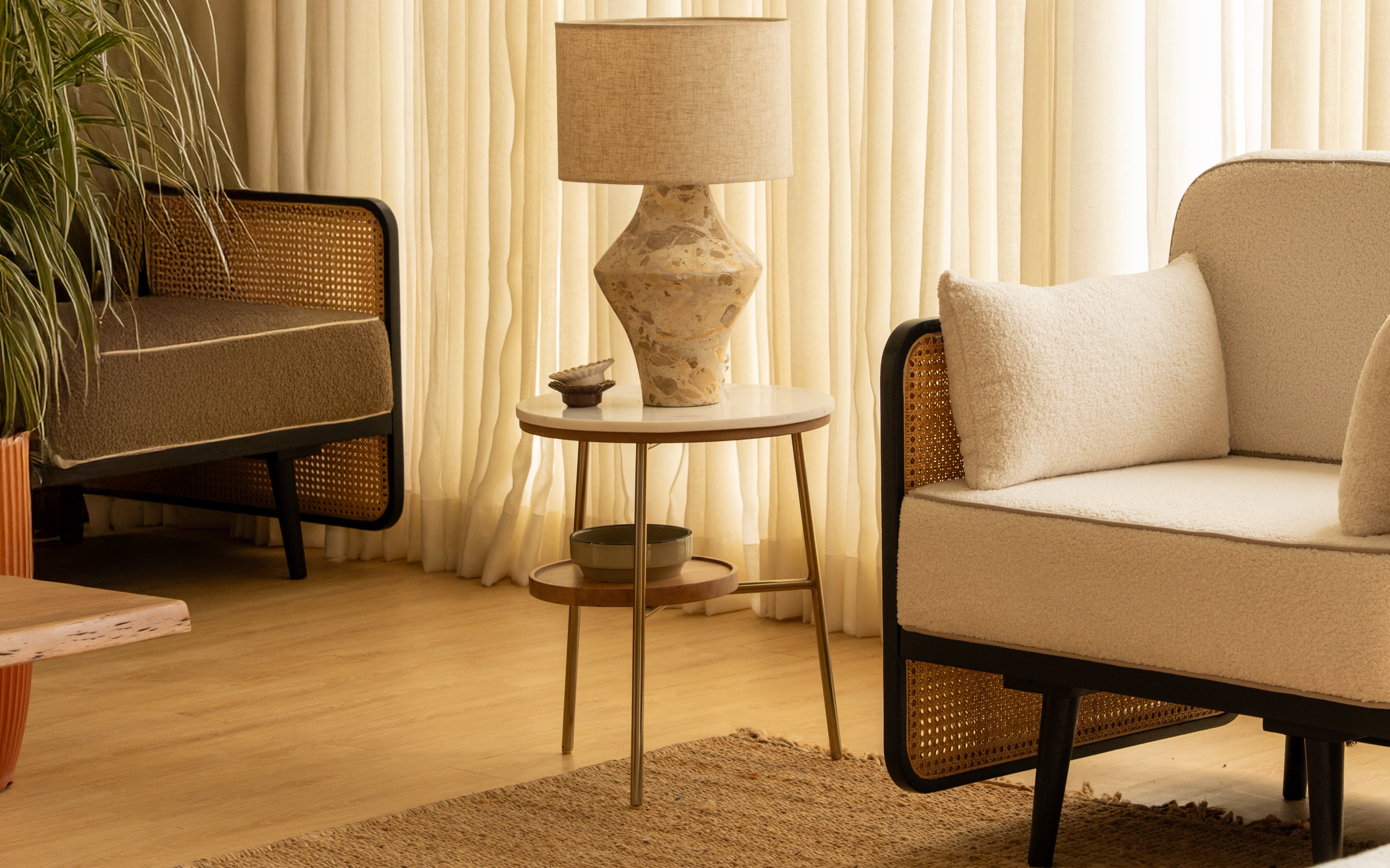 Marble Top Mable Side Table with Shelf | Gold Finish Metal Legs - Close shot - from left angle - Orange Tree