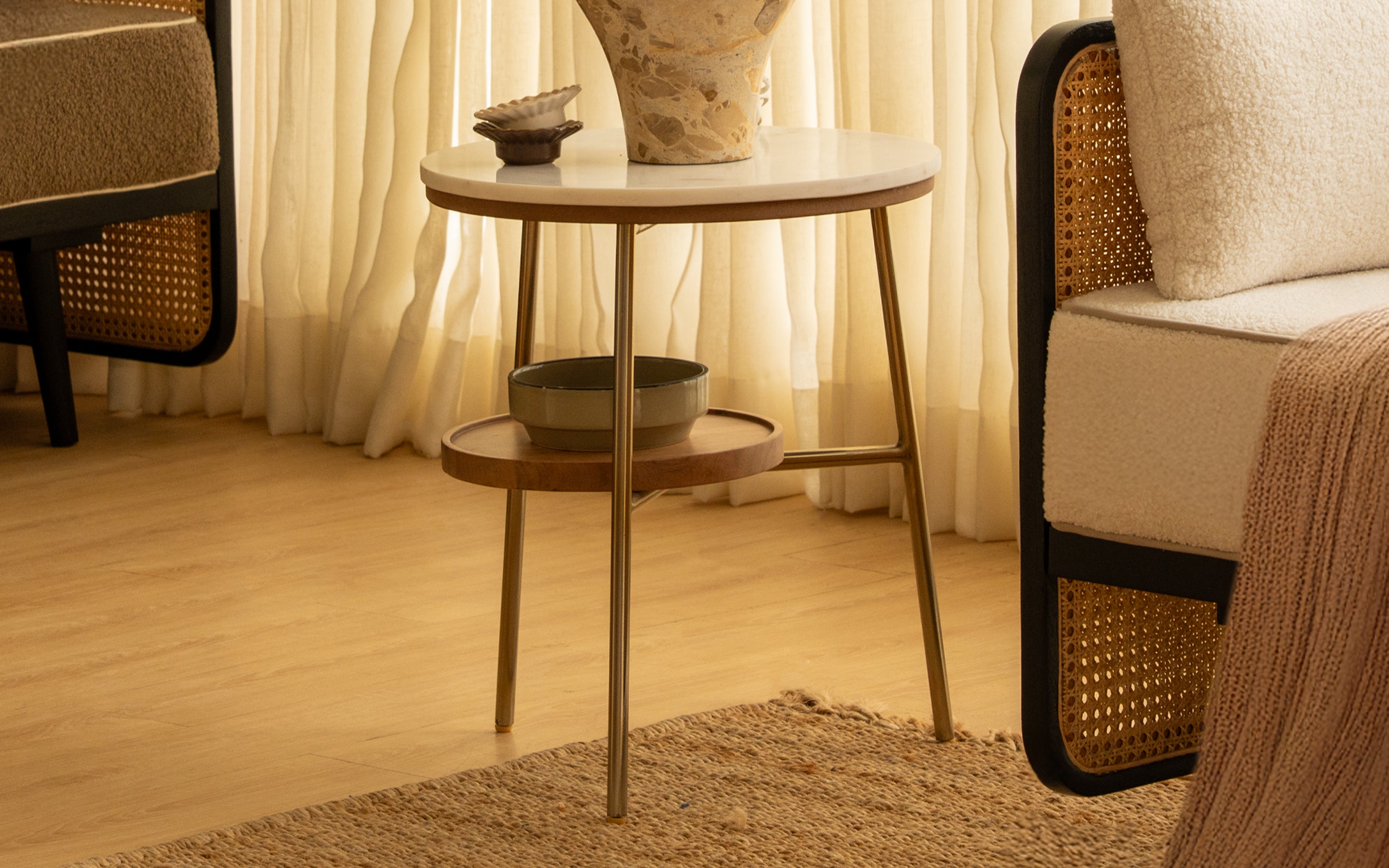 Marble Top Mable Side Table with Shelf | Gold Finish Metal Legs - Close shot - from upper angle - Orange Tree
