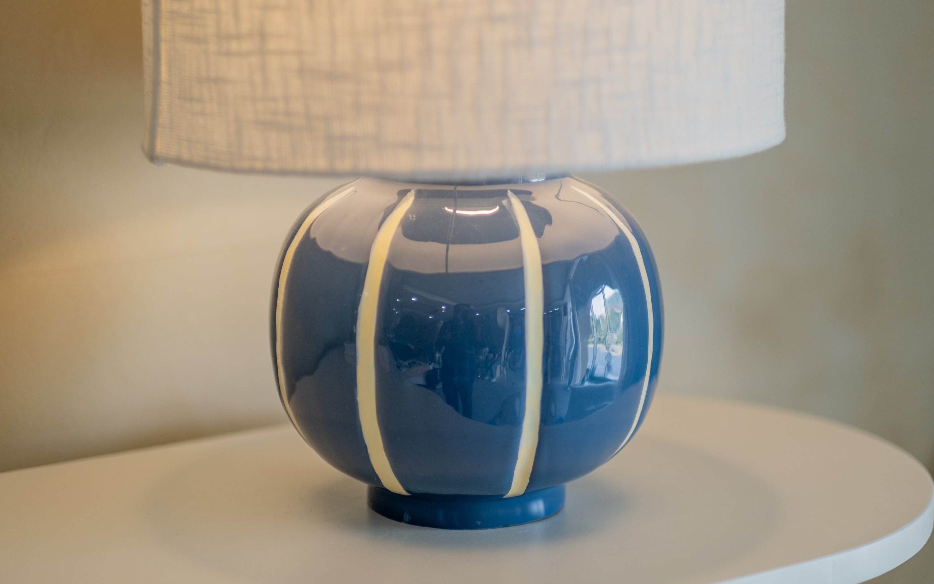 Taoza Round Blue Table Lamp | Metal Base & White Cotton Shade - Close shot - from left angle - Orange Tree