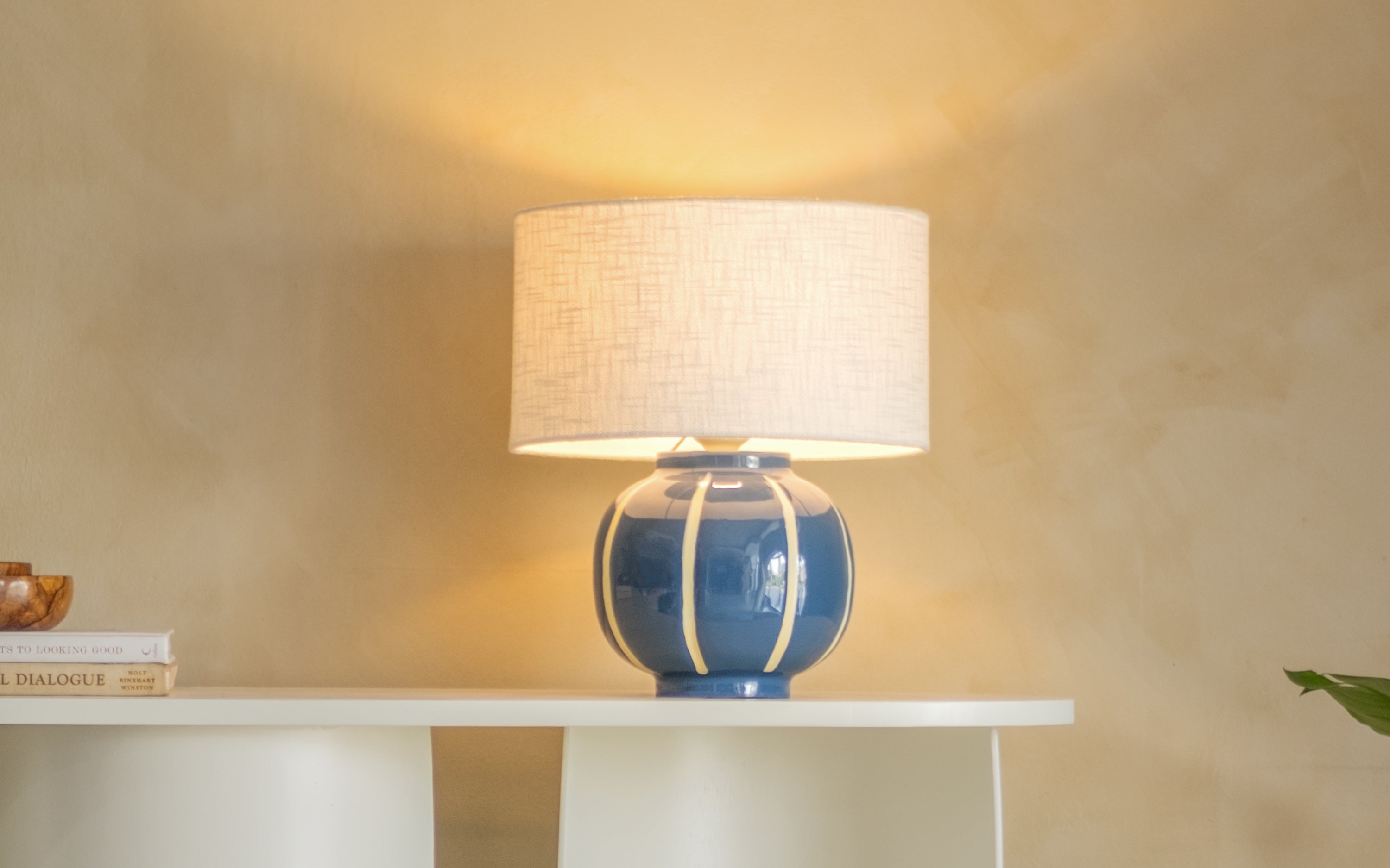 Taoza Round Blue Table Lamp | Metal Base & White Cotton Shade - Close shot - Orange Tree