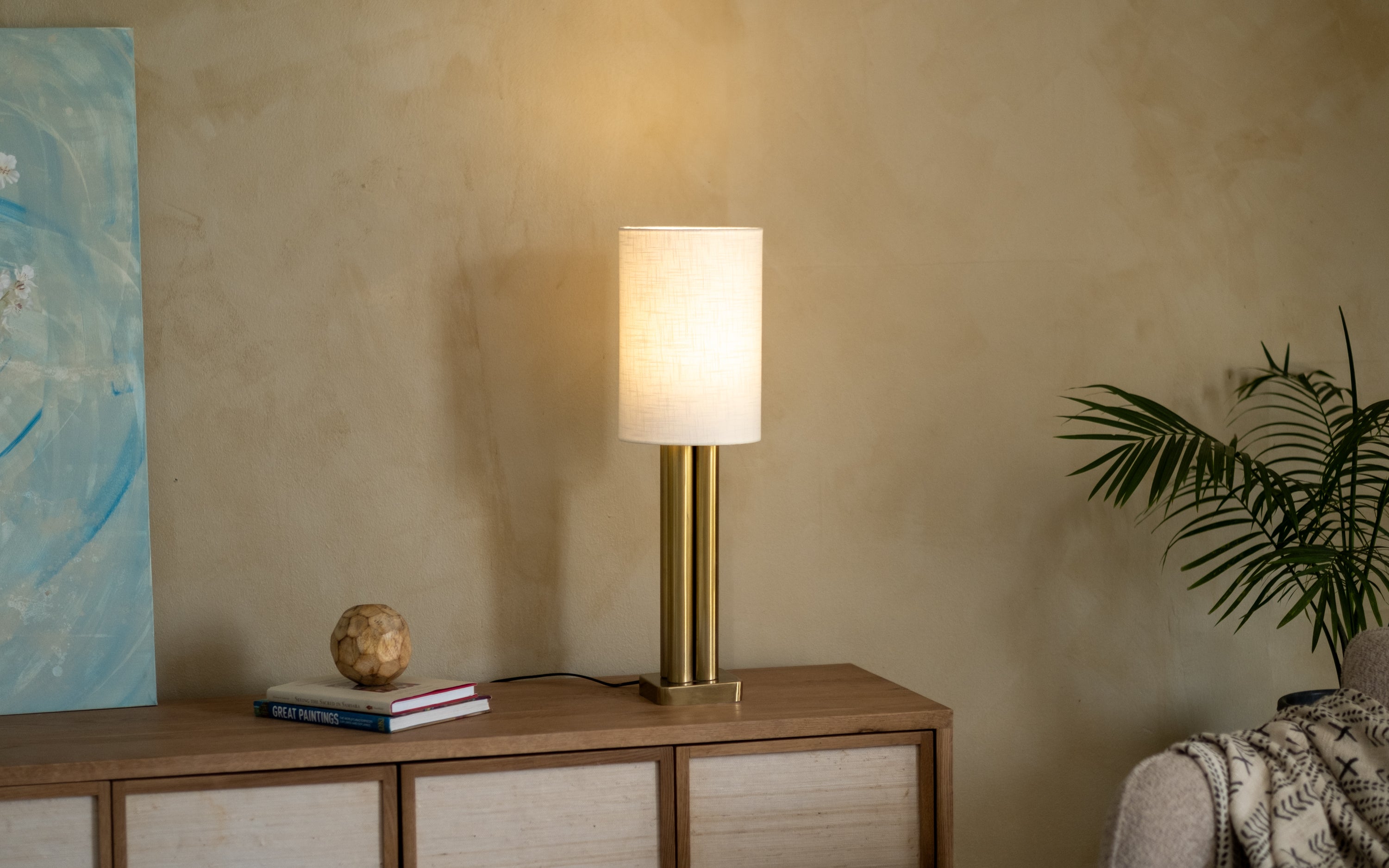Solis Gold Table Lamp | Gold Finished Base & White Linen Shade - Orange Tree
