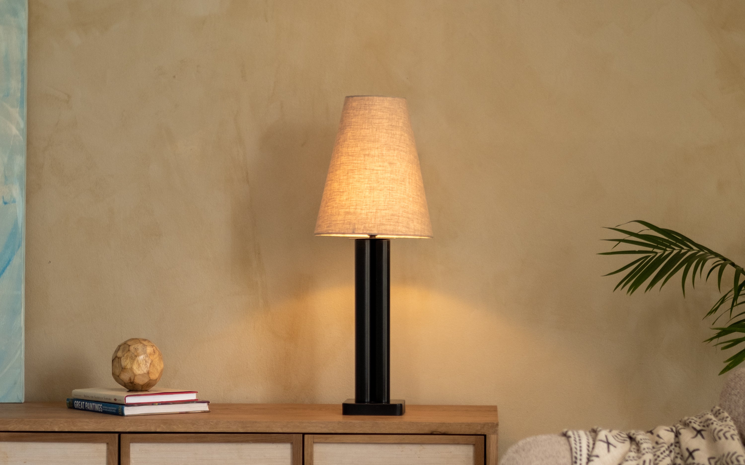 Solis Tall Table Lamp | Black Metal Base & White Linen Shade - Close shot - from right angle - Orange Tree