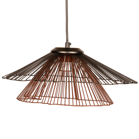 Modern hanging light with sculptural black and brown metal shade.