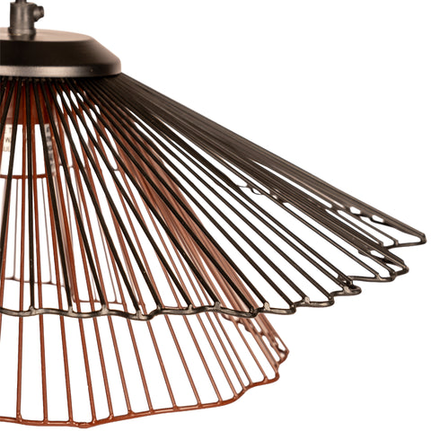 Modern hanging light with sculptural black and brown metal shade.