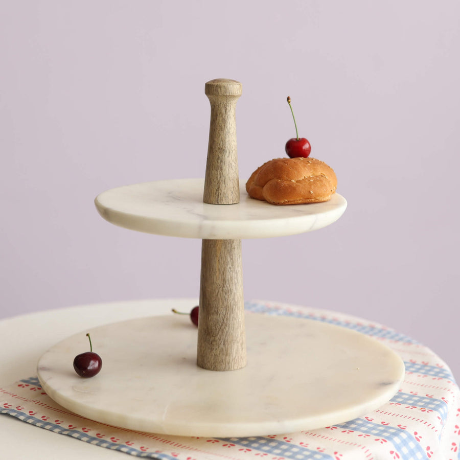 Damas 2-Tier Cake Stand Marble Wood