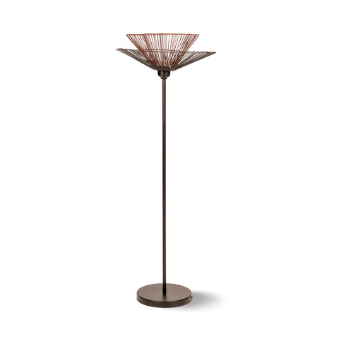 Modern floor lamp with sculptural black and brown metal design.