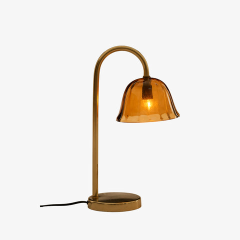 Brass table lamp on wooden table