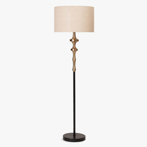 David Floor Lamp with gold plated lamp base, black finish, and natural linen shade. Elegant floor lamp for modern interiors.
