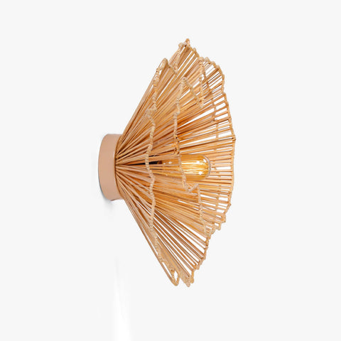 Klimt Cane Wall Lamp with natural cane shade on an abstract mild steel frame. Impressionism-inspired design for a unique decorative wall light