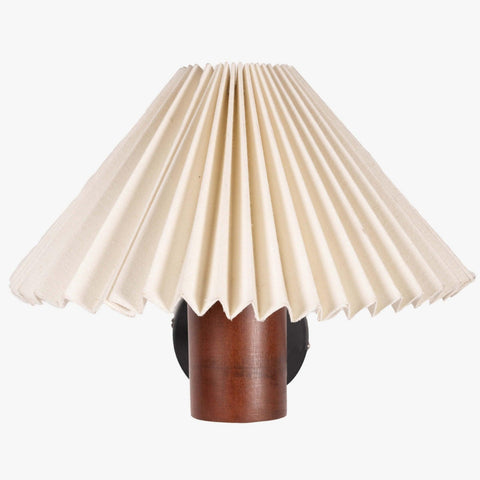 White pleated shade wall lamp with a natural wooden cylindrical base in walnut finish, perfect as a bedside wall lamp or decorative wall sconce for minimalist and vintage interiors.