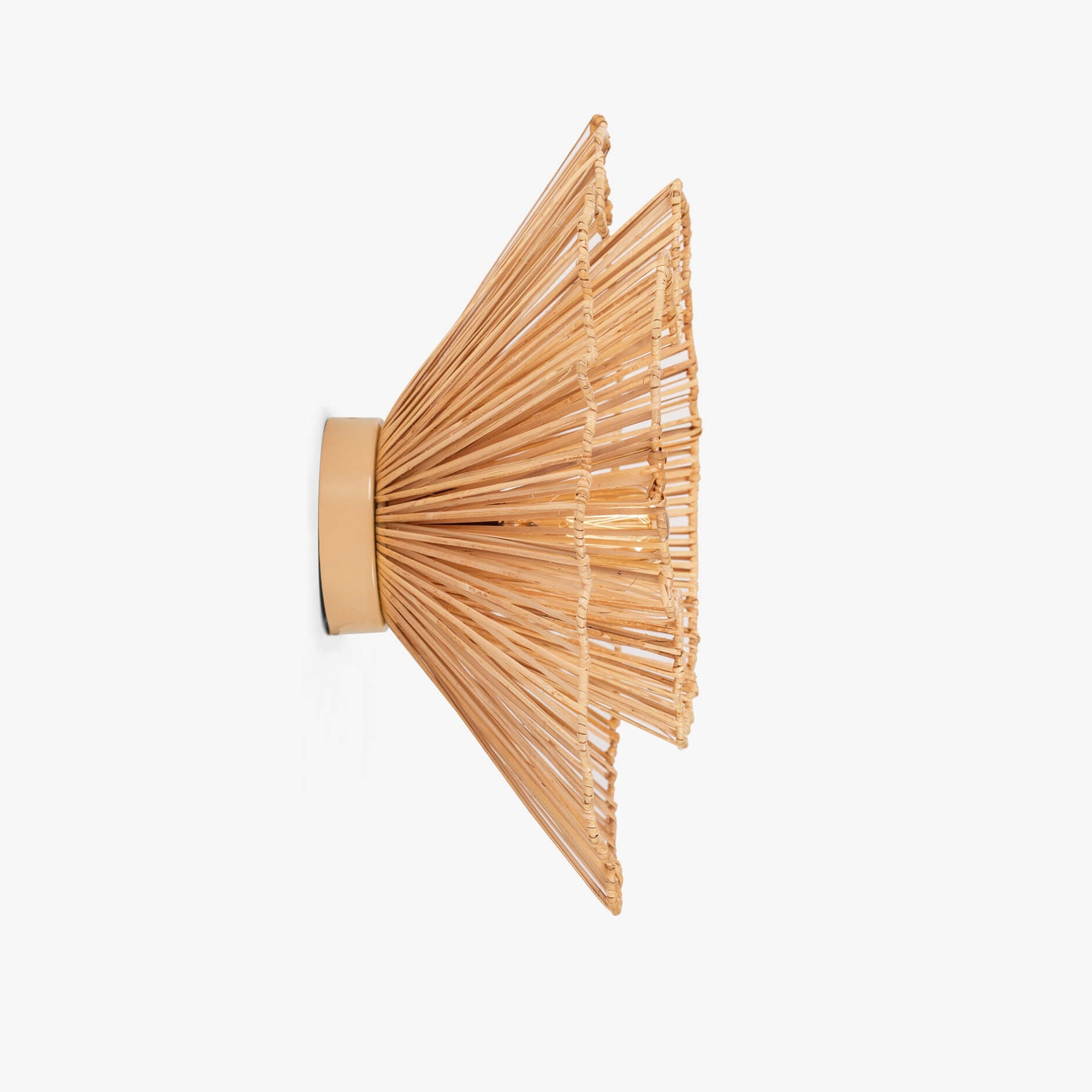 Klimt Cane Wall Lamp with natural cane shade on an abstract mild steel frame. Impressionism-inspired design for a unique decorative wall light