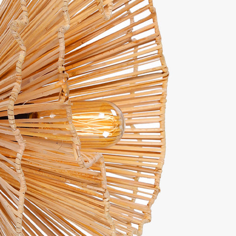 Klimt Cane Wall Lamp with natural cane shade on an abstract mild steel frame. Impressionism-inspired design for a unique decorative wall light