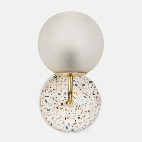 Eros White Wall Lamp with Terrazzo base, Gold-finished Mild Steel, and Frosted Glass shade.  This lamp is available online in India.