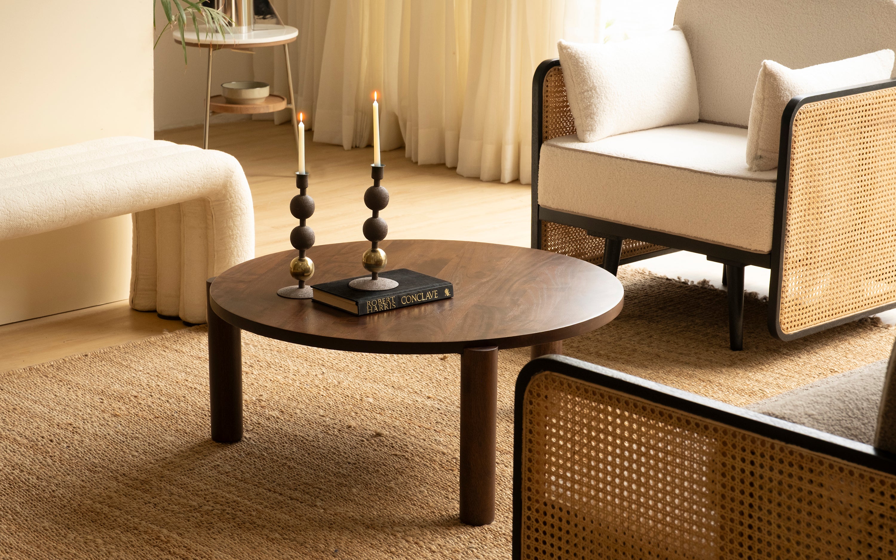 Bahama Wooden Round Coffee Table in Walnut Finish - Close shot - Orange Tree