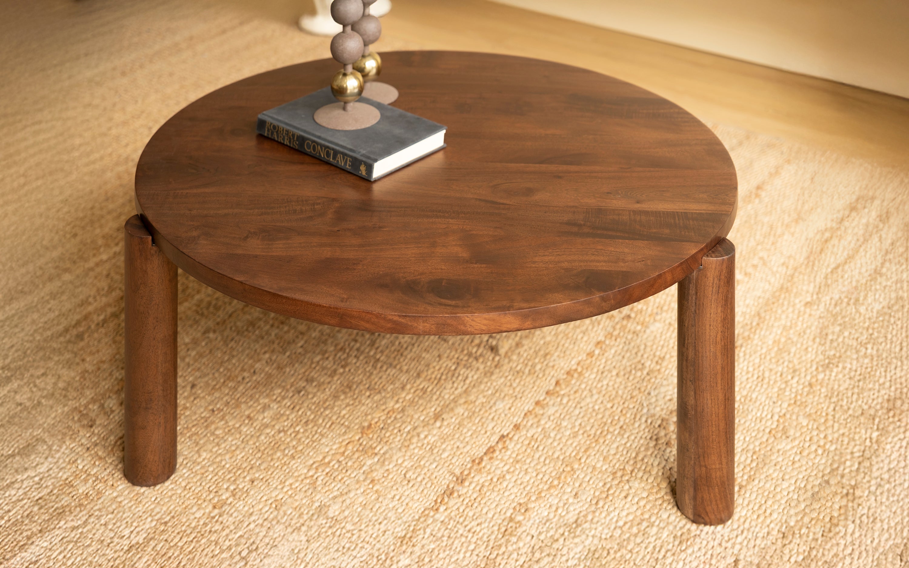 Bahama Wooden Round Coffee Table in Walnut Finish - with white background - Orange Tree