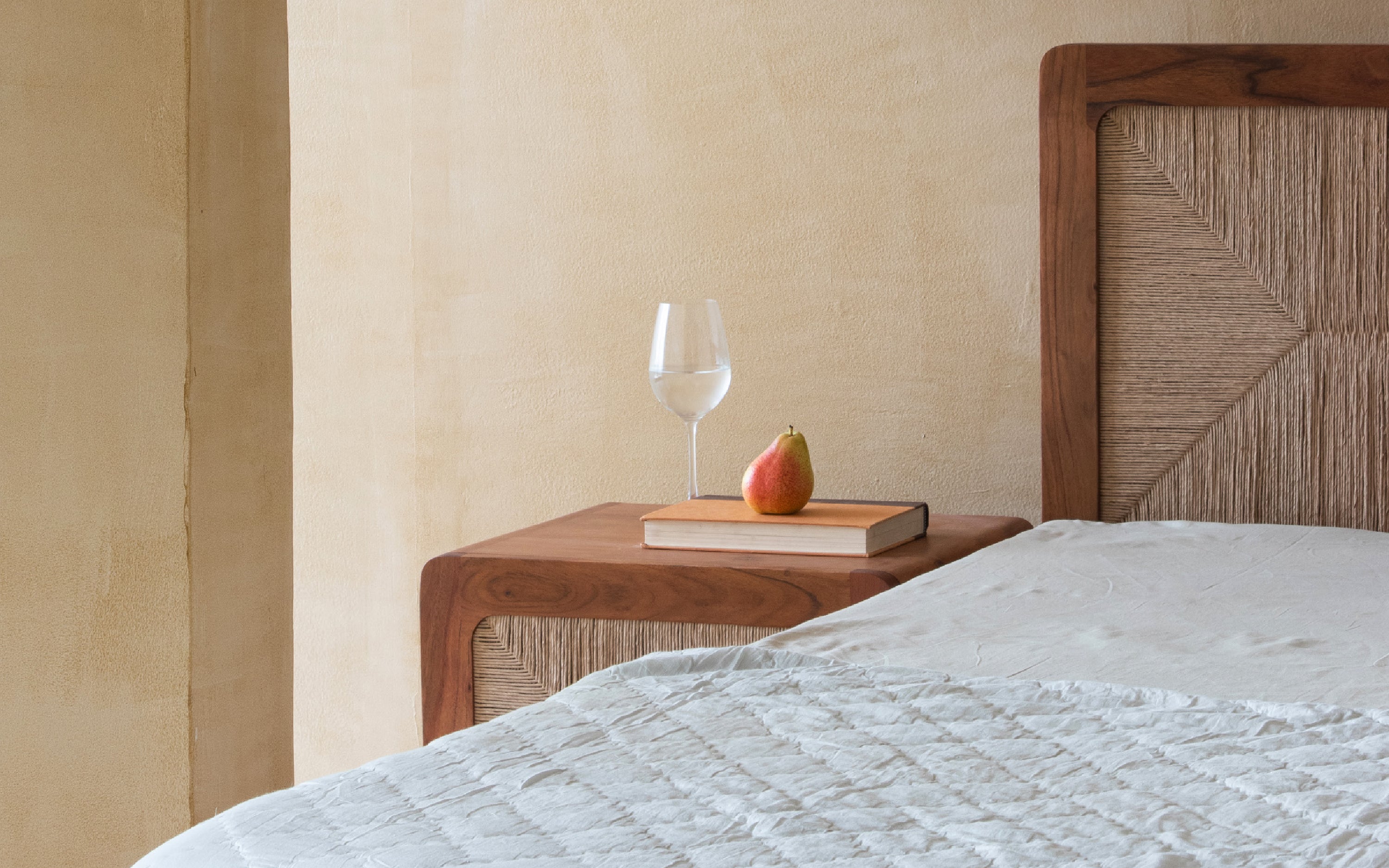 Abacus Queen Size Bed – Wooden Bed with Headboard in Kiara Finish - Close shot - from upper angle - Orange Tree
