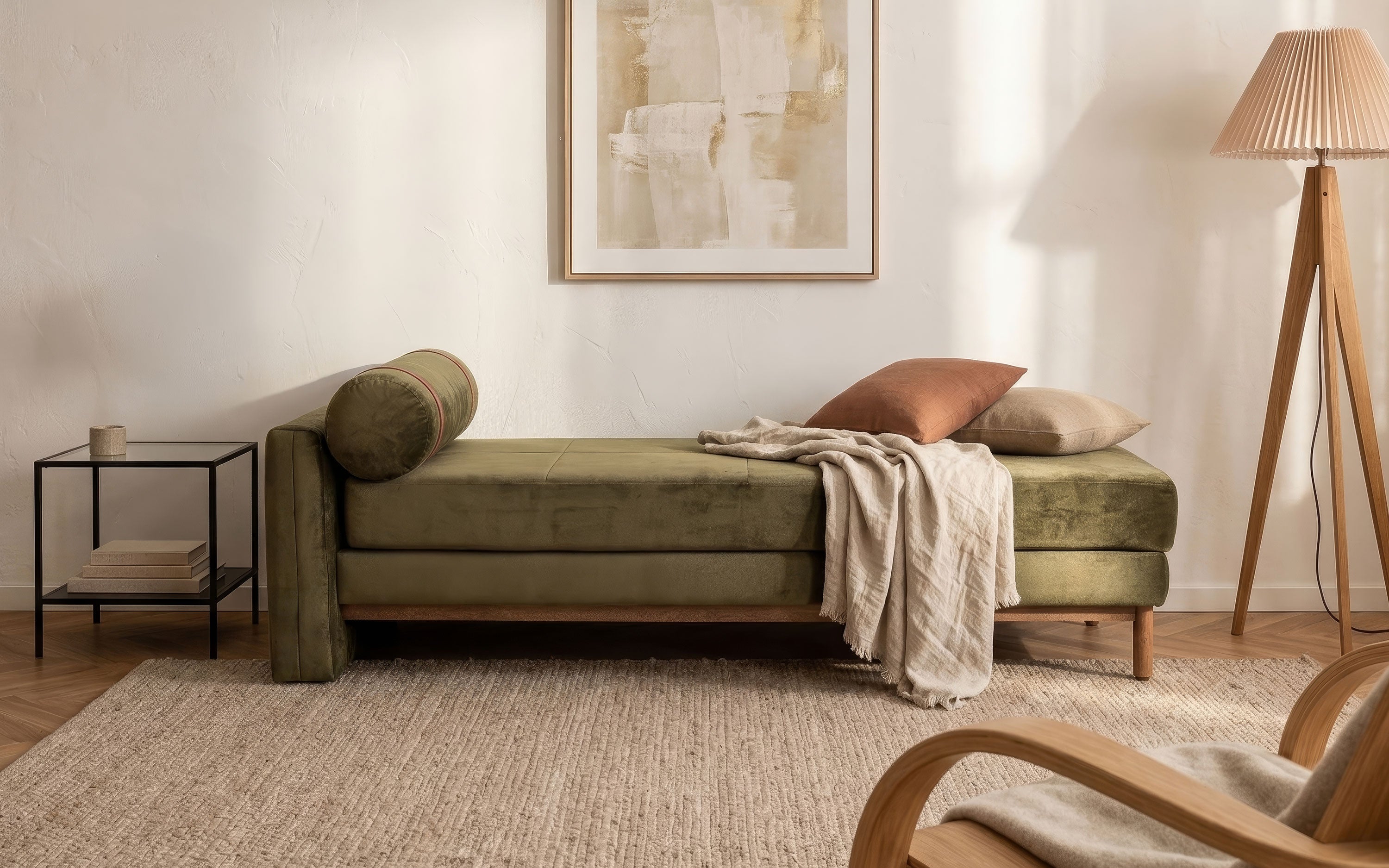 Solace Upholstered Daybed with Arm | Mango Wood, Wax Finish - Orange Tree