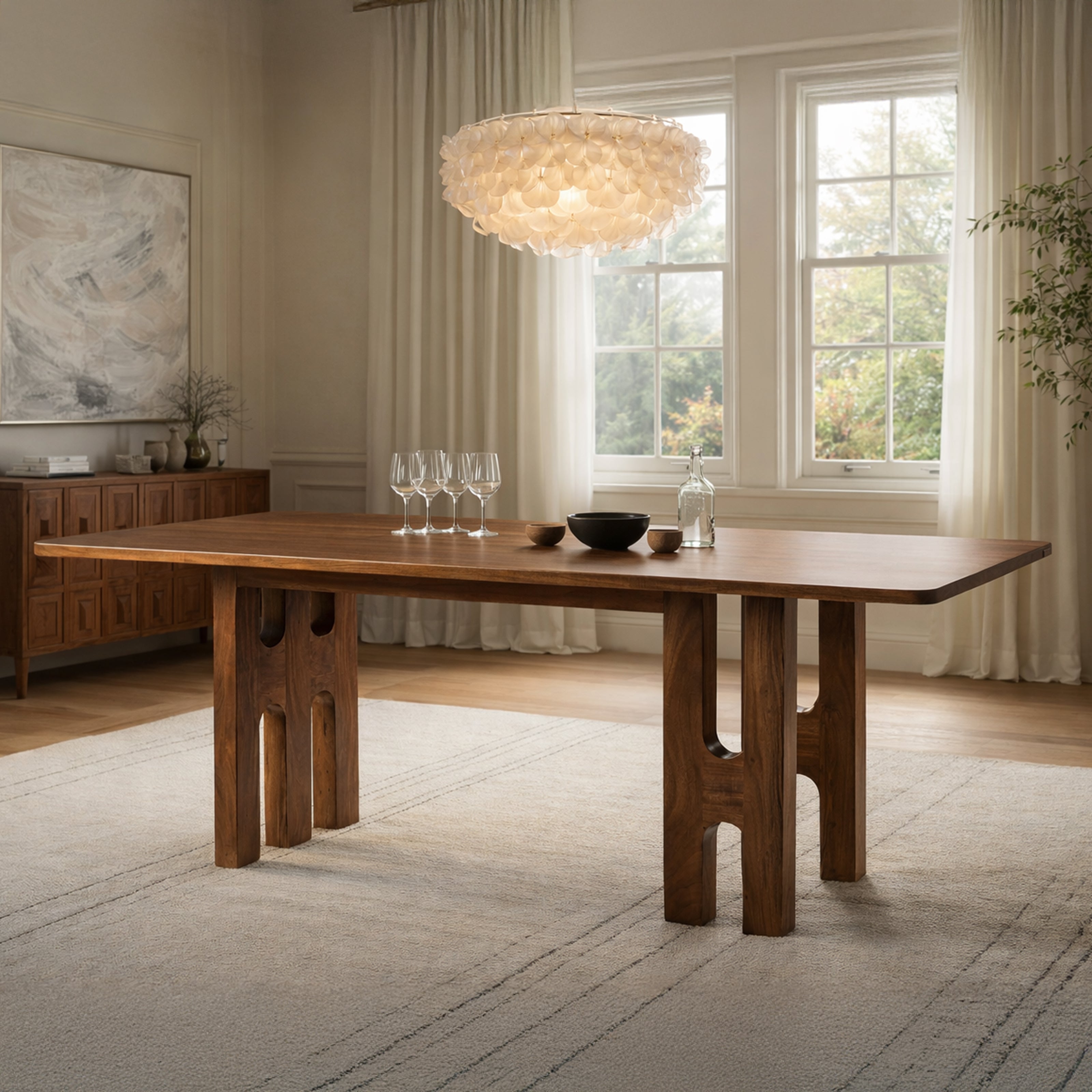 A rectangular solid wood dining table with distinctive sculptural pedestal legs featuring arched cutouts.