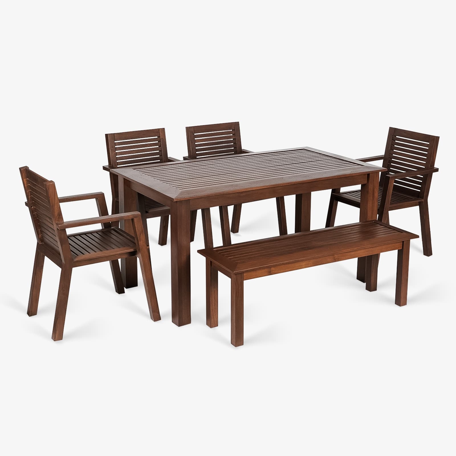 Alfresco Teak wood Dining Table With 4 Arm Chairs And Bench with white background