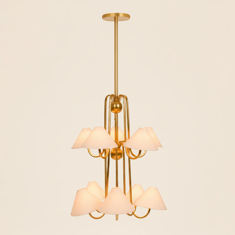 Modern brass chandelier with linen shades, warm ambient ceiling light for living room.