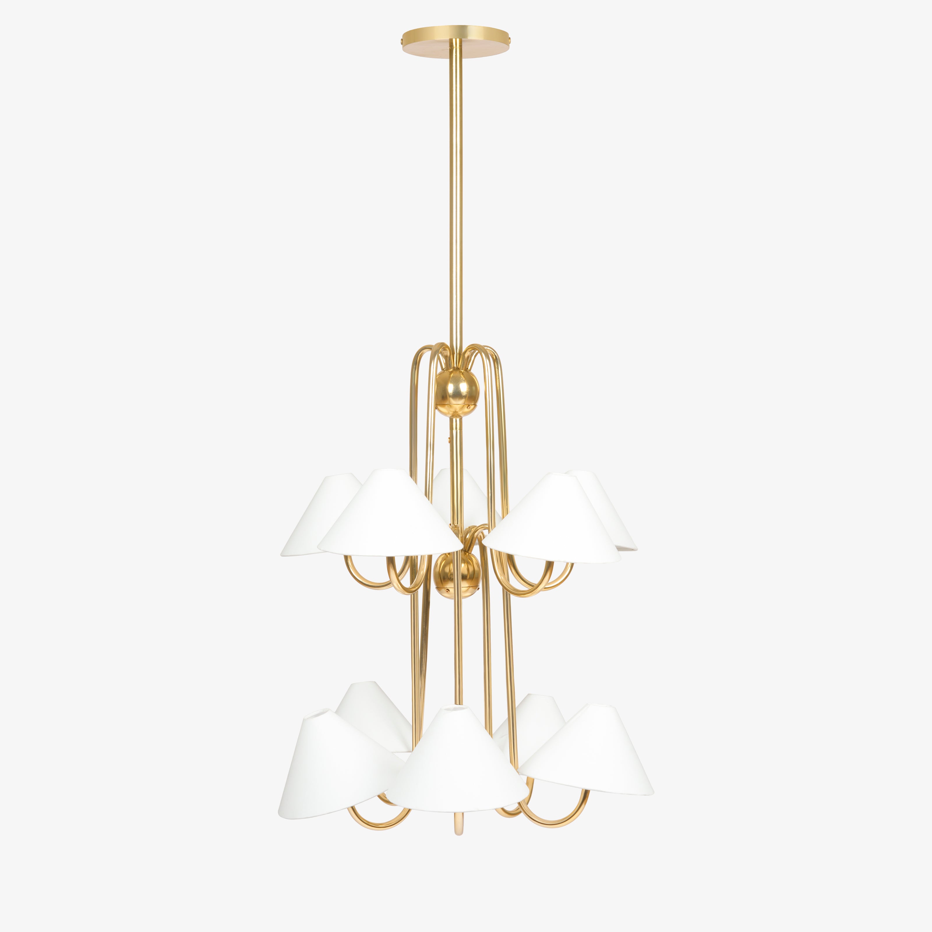 Gold finish chandelier with multiple linen lampshades, modern ceiling light.