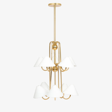 Gold finish chandelier with multiple linen lampshades, modern ceiling light.